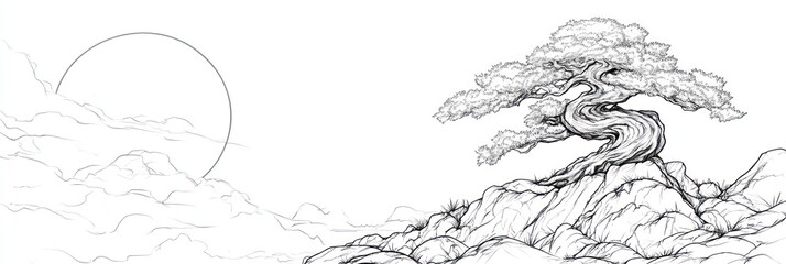 Obraz premium Ancient Bonsai Tree on Rocky Mountain Peak Under a Pale Sky
