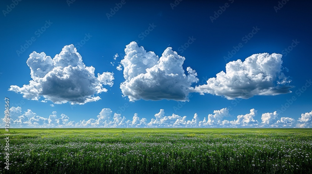 Poster fluffy white clouds float serenely in a brilliant blue sky, casting soft shadows over a lush green f