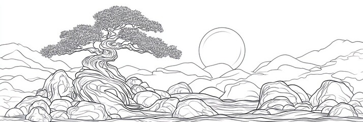 Serene Bonsai Tree Landscape With Mountain And Sun