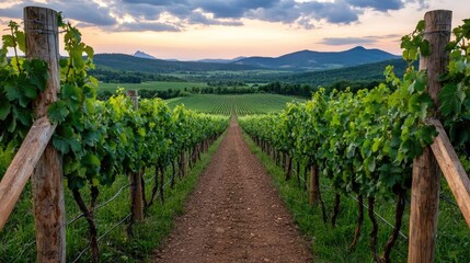 Naklejka premium Vineyard path sunset landscape, winegrowing region