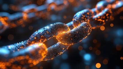 Close-up of a glowing chain link with shimmering particles, set against a blurred background (1)