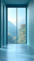 A serene, modern interior featuring a large window with a stunning view of misty mountains and lush trees, bathed in soft blue tones, creating a calm and tranquil atmosphere.
