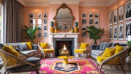 Antique Eclectic Living Room with Fantasy and Yellow Pineapple Design Sofa Carpet Fireplace and Stunning Photo Gallery Wall Display  Interior Design Inspiration