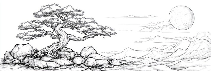 Obraz premium Ancient Bonsai Tree Amidst Rolling Hills and Moon