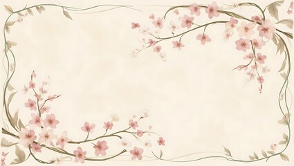 Fototapeta premium Soft-toned spring layout with faded vines and cherry blossoms, evoking a whimsical vibe