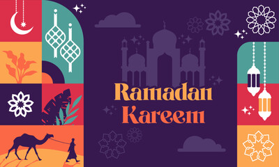 ramadan banner pattern and silhouette flat illustration