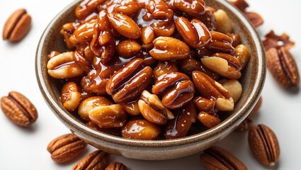 Caramelized nuts in a glossy bowl, ideal for all snack and dessert lovers.