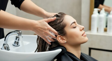 Young caucasian female receiving hair wash at salon