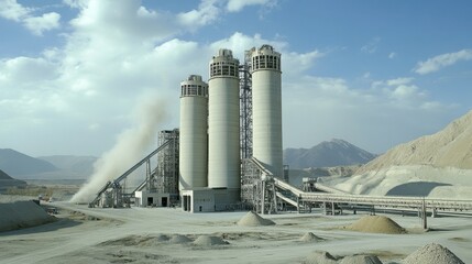 Cement factory with tall silos, conveyor belts transporting raw materials, and dust-covered machinery