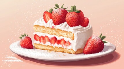 An aesthetic vector of a strawberry shortcake with whipped cream, strawberries, and a delicate sugar dusting.