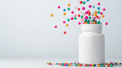 A bright, white jar spills colorful candy balls in a playful arrangement. Ideal for vibrant food-themed projects, showcasing sweets and treats.