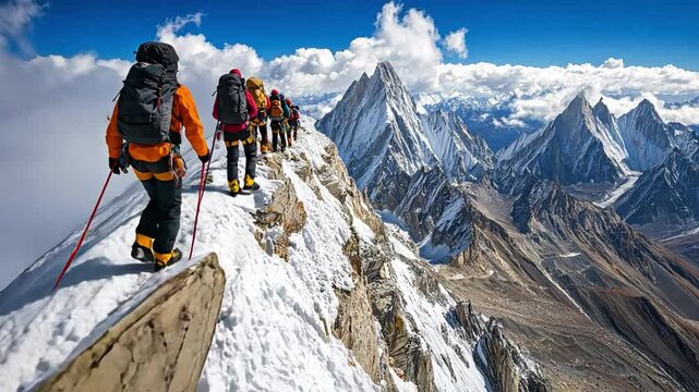 A group of climbers ascending a narrow, snowy ridge with breathtaking mountain peaks in the background under clear blue skies.