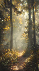 Fototapeta premium Ethereal Misty Morning in a Dense Forest Illuminated by Gentle Sunlight