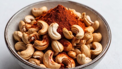 Fototapeta premium Spiced cashews with chili powder in a bowl, showcasing natural textures.