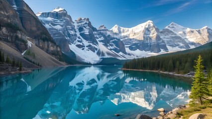 Moraine Lake Serenity: The majestic Canadian Rockies mirror themselves in the crystal-clear turquoise waters of Moraine Lake, creating a breathtaking landscape of unparalleled beauty. 