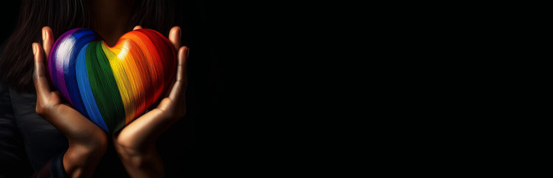 Extreme close-up of the hands of a woman (cupped hands), holding a rainbow striped heart, isolated on a black background with copy space. LGBTQIA symbol. Blank wide banner. Generative Ai.