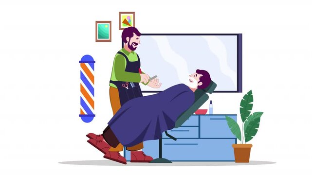 Illustrate barber shop activities with this flat character animation scene, featuring animated characters and grooming services.