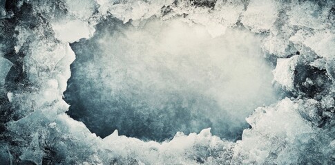 Frozen ice background featuring a circular hole for text or design, snow-themed winter template, isolated on gray wall