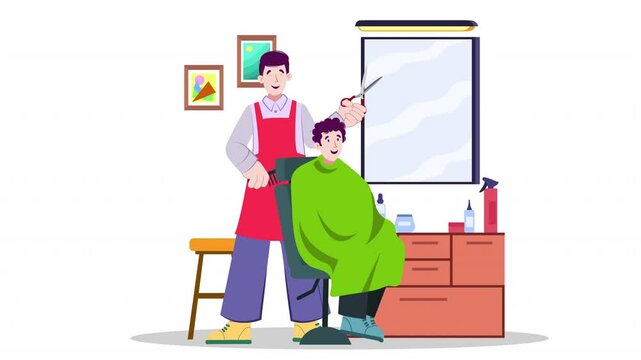 Depict barber shop scenes with this flat style animation scene, ideal for grooming and lifestyle content.