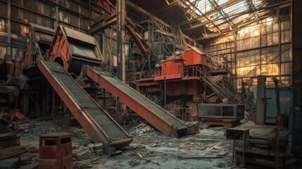 Heavy-duty mining equipment inside an industrial processing plant, featuring crushers, conveyor belts, and metal grinders