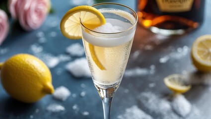 Elegant sparkling cocktail with lemon and ice in a decorative setting