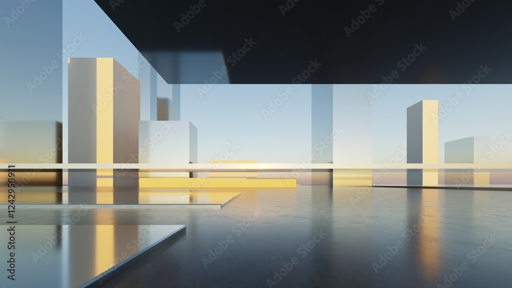 Aufkleber 3d illustration of abstract minimal architecture background, geometric architectural with chrome or 