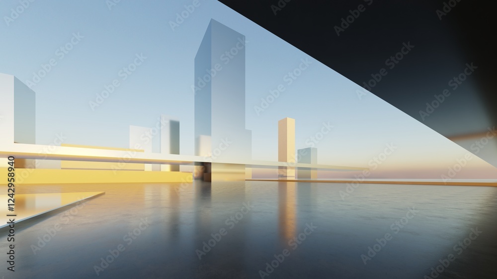 Poster 3d illustration of abstract minimal architecture background, geometric architectural with chrome or 