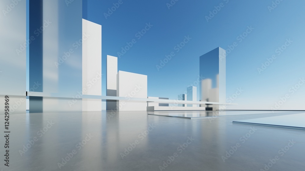 Poster 3d illustration of abstract minimal architecture background, geometric architectural with chrome or 