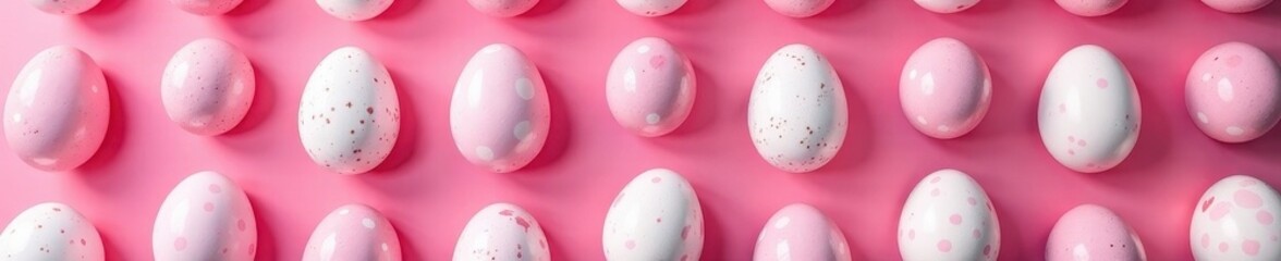 Pink and white speckled Easter eggs arranged in an attractive repeating pattern , repeat, holiday, pastel