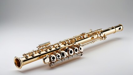 Fototapeta premium Golden flute on smooth background showcasing intricate keys and valves