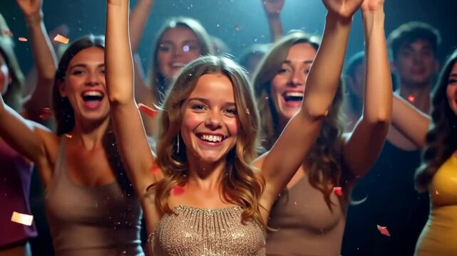 a group of young women who look happy and cheerful. They are indoors, at a party, in the center of the frame is a girl with long blond hair, smiling and holding her hands up.