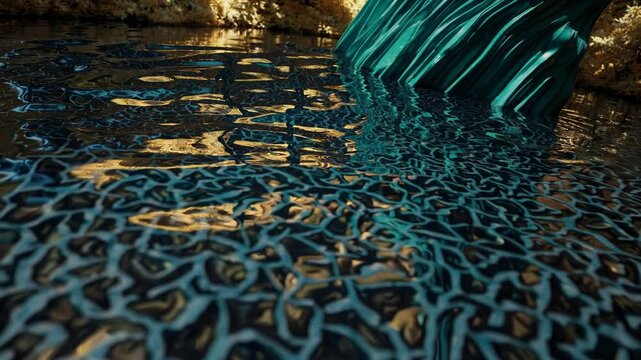 a stylized turquoise tree with ridged textures amid golden foliage, reflected in tranquil water.