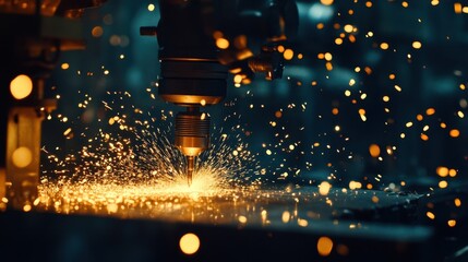 Industrial drill press operating on a thick metal block, sharp details