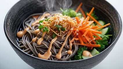 Vibrant Soba Noodles with Fresh Vegetables and Peanuts in a Black Bowl