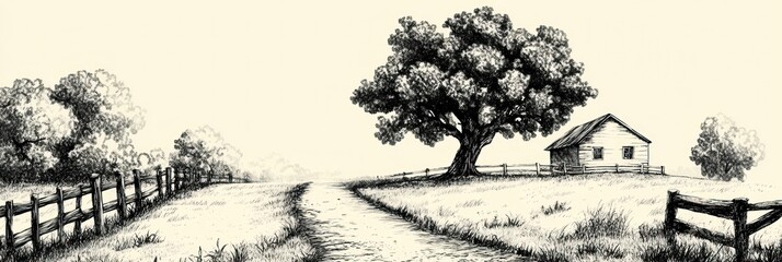 Countryside Cottage Beside A Winding Path And Large Tree