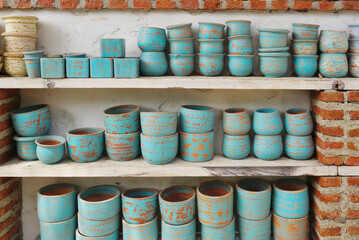 Group of earthenware at shelf, Mini flower pot