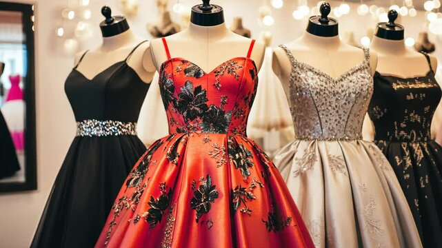 Elegant evening dresses showcased in a boutique with warm lighting and stylish designs