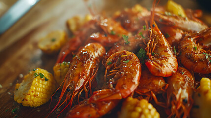 National Crawfish Day, Close-up photo of prawns cooked with red spice sauce on a wooden table, surrounded by pieces of boiled corn and potatoes, Ai generated images