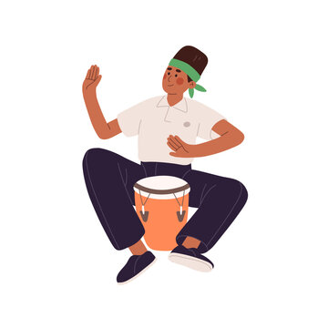 Street musician plays djembe, traditional African percussion instrument. Young drummer performs with jembe, goblet drum, bongo in music concert. Flat isolated vector illustration on white background