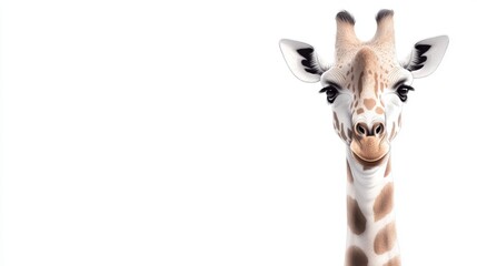 Naklejka premium Curious giraffe portrait against white background, ideal for website banners or children's book illustrations