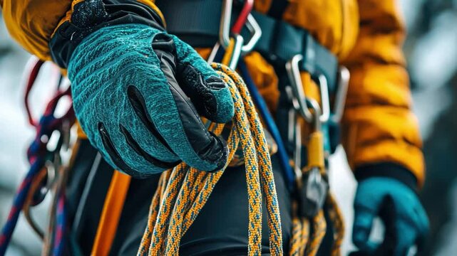 A close-up of a climber&rsquo;s hand gripping a rope, equipped with essential mountaineering gear, showcasing adventure and extreme sports in cold conditions.