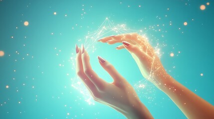 Hands joined in a circular structure, with sharp triangular prisms emerging between them and soft particles glittering against a glowing blue gradient background.