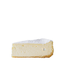 Creamy Cheesecake Slice on White Background with Powdered Sugar