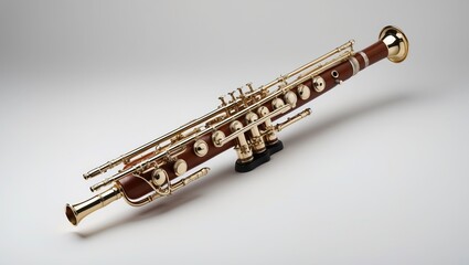 Fototapeta premium Glossy Brass Trumpet on Black Stand Against Gray Backdrop