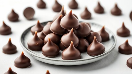 Delicious chocolate kisses on a gray plate in a soft inviting setting