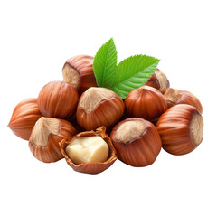 Fresh Hazelnuts with Green Leaves on White Background