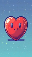 Fototapeta premium A cute, smiling red heart character with big eyes and rosy cheeks against a light blue cosmic background filled with stars.