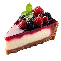Delicious Berry Cheesecake Slice with Mint Garnish on White Background