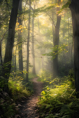 Fototapeta premium Ethereal Misty Morning in a Dense Forest Illuminated by Gentle Sunlight
