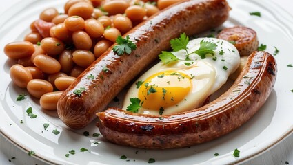 Gourmet breakfast with sausages, baked beans, and poached egg